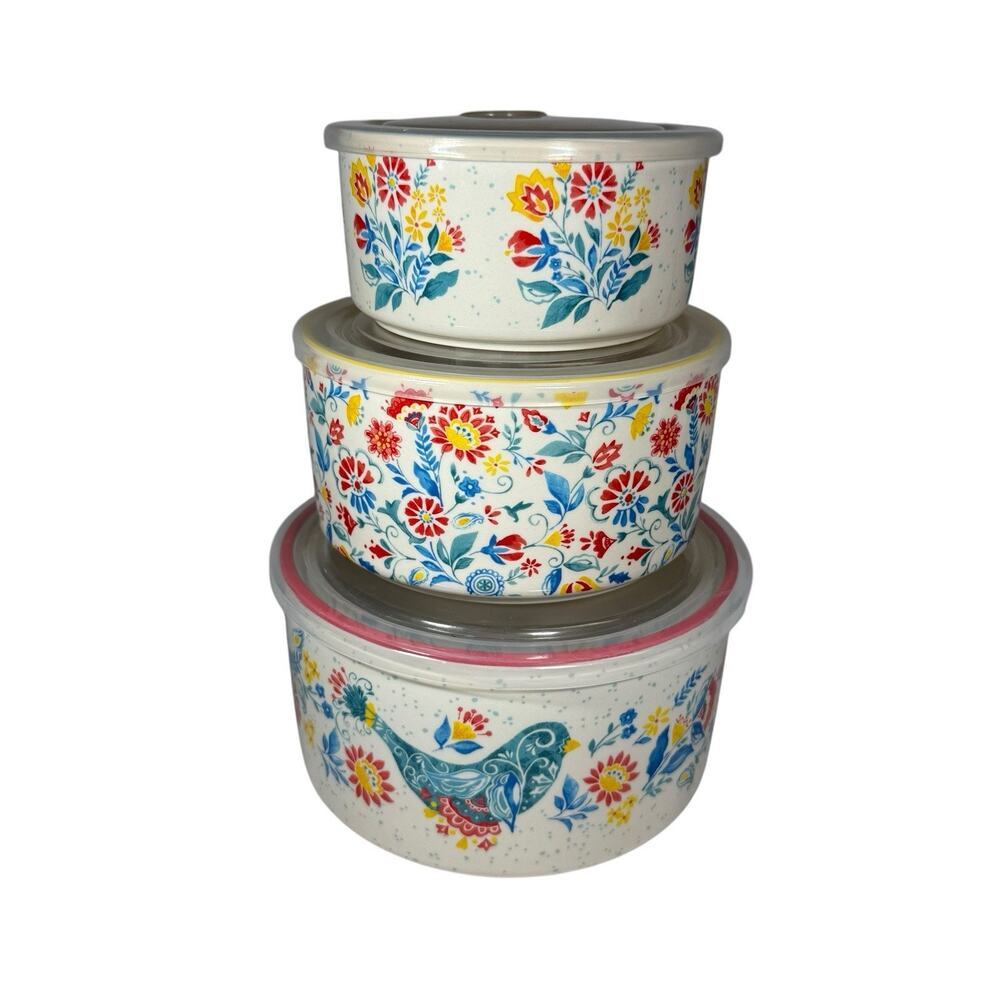 Pioneer Woman Mazie Round Nesting Bowls Ceramic 6-Pc Lids Farmhouse Kitchen